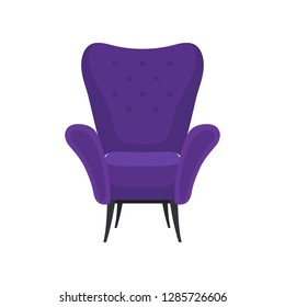 Flat vector icon of cozy purple armchair, front view. Comfortable soft chair for living room. Modern furniture