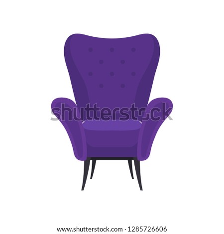 Flat vector icon of cozy purple armchair, front view. Comfortable soft chair for living room. Modern furniture