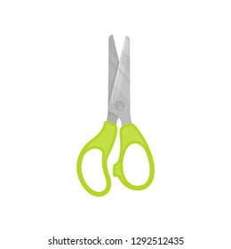 Flat vector icon of craft scissors with bright green plastic handles. Cutting instrument with two metal blades