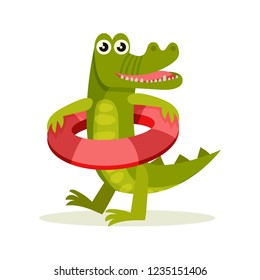 Flat vector icon of crocodile with red inflatable ring. Cartoon character of funny humanized animal