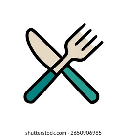 Flat vector icon of crossed knife and fork, minimalist kitchen utensil symbol in beige and teal color style