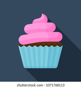 Flat vector icon of cupcake with pink cream. Sweet dessert colorful illustraation.