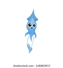 Flat vector icon of cute blue squid. Mollusk with big shiny eyes. Marine creature. Element for mobile game or kids print