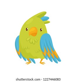 Flat vector icon of cute green parrot. Cartoon character of bird with bright feathers and shiny eyes