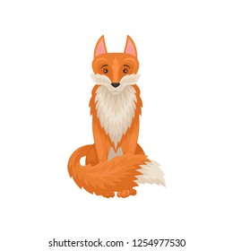 Flat vector icon of cute sitting red fox. Forest animal with bright orange coat and fluffy tail. Wildlife theme