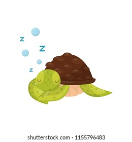 Flat vector icon of cute sleeping turtle. Marine animal. Green tortoise with brown shell. Element for children book or sticker