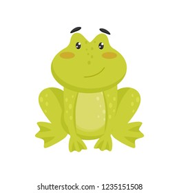 Flat vector icon of cute smiling frog. Cartoon character of funny green toad with pink cheeks and shiny eyes