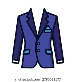 A flat vector icon of a dark blue formal business suit jacket with light blue accents and two buttons.