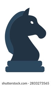 A flat vector icon of a dark blue chess knight piece isolated on a white background.