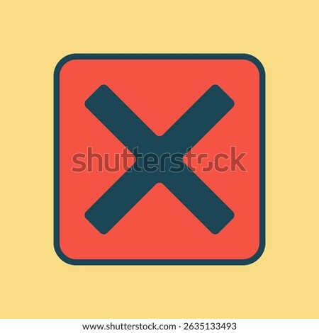 Flat Vector Icon of a Dark Cross Symbol Inside a Bold Red Rounded Square Representing an Error Alert or Incorrect Input on a Light Yellow Background