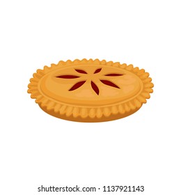 Flat vector icon of delicious pie with strawberry jam. Fresh and sweet bakery product. Sweet food. Culinary theme