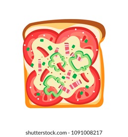 Flat vector icon of delicious sandwich. Toast bread with slices of tomatoes, pepper and bacon. Tasty snack for lunch