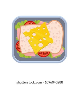 Flat vector icon of delicious sandwich with ham, cheese, fresh tomatoes and lettuce leaves in lunch box. Food theme