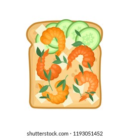 Flat vector icon of delicious sandwich with feta cheese, boiled shrimps and slices of cucumber. Appetizing snack