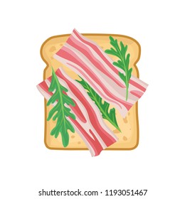 Flat vector icon of delicious sandwich for breakfast or lunch. Toasted bread with slices of bacon and greens. Tasty snack