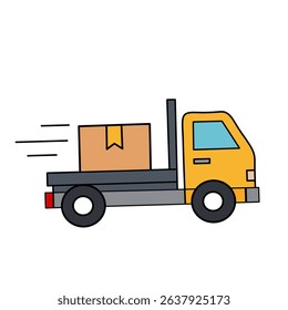 Flat vector icon of a delivery truck with a package. Great for shipping, logistics, ecommerce, courier service, and fast delivery visuals