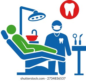 Ícone vetorial plano da sala de tratamento da clínica odontológica com dentista, paciente na cadeira odontológica, equipamento de cuidados bucais e símbolo do dente. Design de sinalização odontológica moderna limpa no fundo branco para uso médico e de saúde.