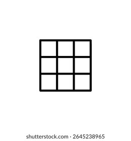 Um ícone de vetor plano que representa uma grade de quadrados 3x3, representando uma exibição ortogonal. Todas as linhas são monolinas negras sólidas. Isolado no branco.