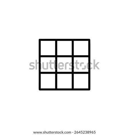 A flat vector icon depicting a 3x3 grid of squares, representing an orthogonal view. All lines are solid black monoline. Isolated on white.