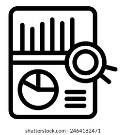Icono de Vector plano que representa un informe comercial con gráfico circular y lupa para su análisis