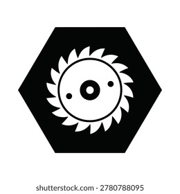 A flat vector icon depicting a circular saw blade centered within a black hexagon shape.