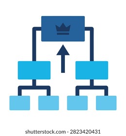 A flat vector icon depicting a hierarchical organizational chart with a crown symbol at the top, representing leadership and management structure.