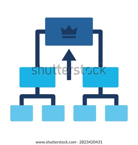 A flat vector icon depicting a hierarchical organizational chart with a crown symbol at the top, representing leadership and management structure.