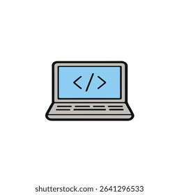 Flat vector icon depicting a laptop screen with code brackets, symbolizing programming, development, software engineering, or coding. Suitable for tech blogs, developer portfolios, software