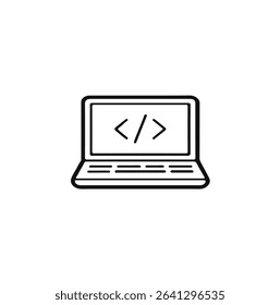 Flat vector icon depicting a laptop screen with code brackets, symbolizing programming, development, software engineering, or coding. Suitable for tech blogs, developer portfolios, software