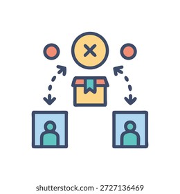 Flat vector icon depicting a rejected delivery with package stream to recipients in light graphic style and colors