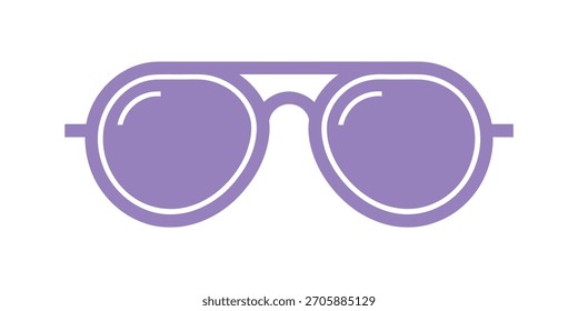Icono de Vector plano representa gafas de sol estilo aviador. La lente y la montura son de color púrpura, con un fondo transparente y limpio.