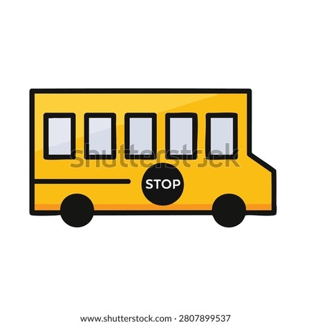 A flat vector icon design of a classic yellow school bus featuring a circular stop sign on the side panel
