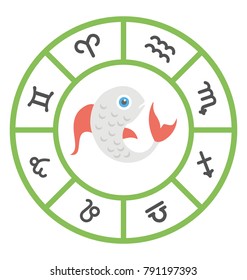 Flat vector icon design of pisces astrology wheel
