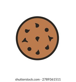 A flat vector icon design of a round chocolate chip cookie isolated on a white background