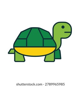 A flat vector icon design of a simple green turtle with a yellow belly isolated on a white background