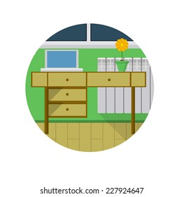 Flat vector icon for desk in room. Workplace with laptop and green flower pot on at the window with radiator. Home office interior. Flat colored vector icon on white background.