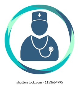 Flat Vector  icon. doctor in  medical cap silhouette with stethoscope in abstract circle. Human shape. Medical cross. Trendy illustration.