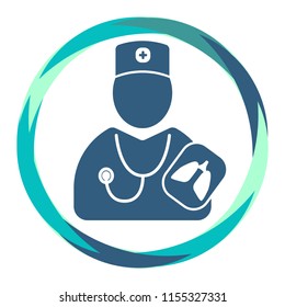 Flat Vector  icon. doctor silhouette  with Phonendoscope and healthy lungs x-ray snapshot   in abstract circle frame.Human  shape. Medical cross. 