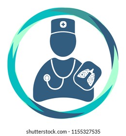 Flat Vector  icon. doctor silhouette  with Phonendoscope and sick lungs x-ray snapshot   in abstract circle frame.Human  shape. Medical cross. 