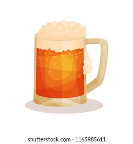 Flat vector icon of draft beer with foam. Alcoholic beverage in glass mug with handle. Element for advertising poster or flyer