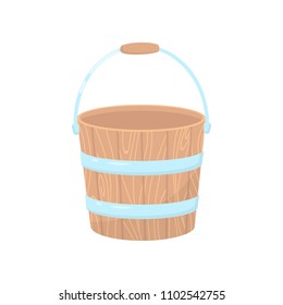 Flat vector icon of empty wooden bucket for garden. Small water pail with metal handle and hoops