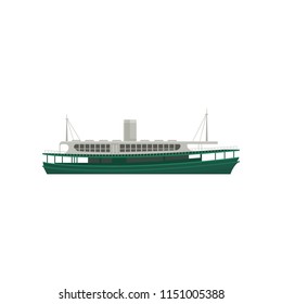 Flat vector icon of famous Hong Kong ferry. Large green ship for passengers. Big marine vessel