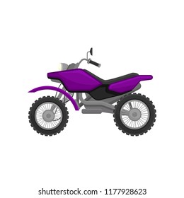 Flat vector icon of fast sport bike. Bright purple lightweight motorcycle. Motor vehicle with two wheels