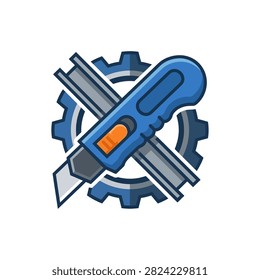 A flat vector icon featuring a blue utility cutter knife crossed over a dark blue gear symbol representing construction maintenance and industrial tools