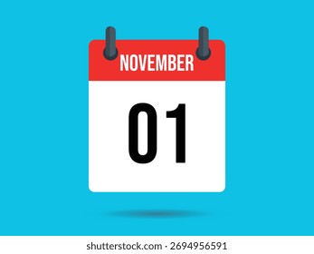 Flat vector icon featuring a calendar with November and 01 displayed, set against a bright light blue background. Clean, minimalist design.