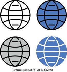Um ícone de vetor plano com um globo em negrito e cores vibrantes. Projetado com formas geométricas simples, destaca várias variações de cores globo para versatilidade.