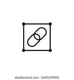 A flat vector icon featuring a horizontal two-segment chain link shape within a square frame with corner dots. Monoline style. Isolated on white.