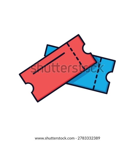 A flat vector icon featuring a pair of red and blue cinema or event tickets isolated on a white background