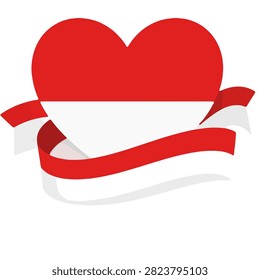Flat vector icon featuring a red and white heart combined with a flowing ribbon inspired by the Indonesian flag. Perfect for Indonesia Independence Day, HUT RI celebrations, patriotic campaigns, greeting cards, posters, and social media designs.