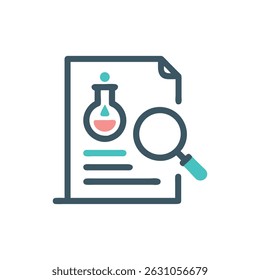 Flat vector icon featuring a science report with flask and magnifying glass. Minimalist style for design purposes.